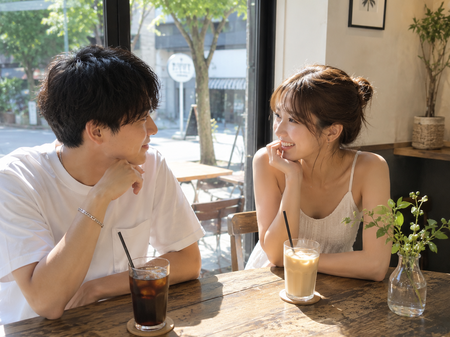 夏にカフェでデートするカップル